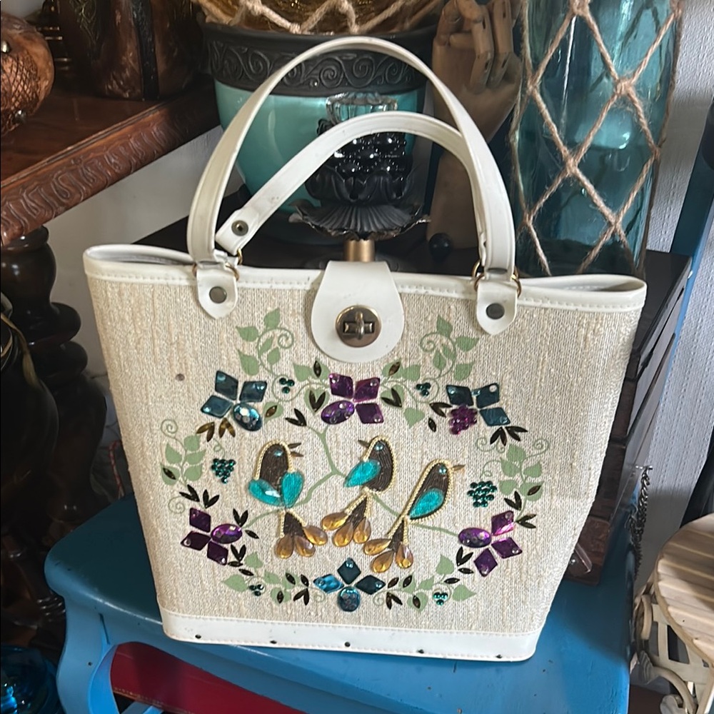 Vintage 1960s BIRDS & FLOWERS Linen Handbag